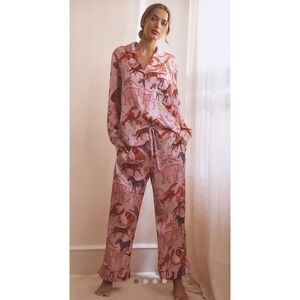 Anthropologie Karen Mabon‎ Animal Pink Pajamas Set Size Large Top & Bottom